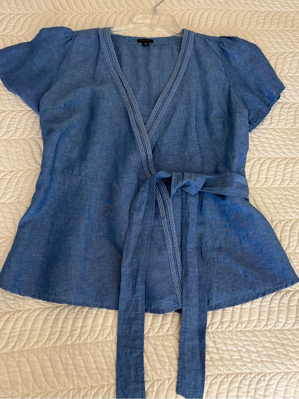 Ann Taylor Blue Wrap Tie Short Sleeve Linen Blouse